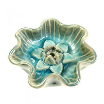 Incense holder round, blue glaze lotus